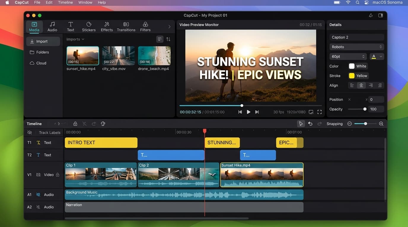 CapCut Desktop interface showing video clips, captions, and audio