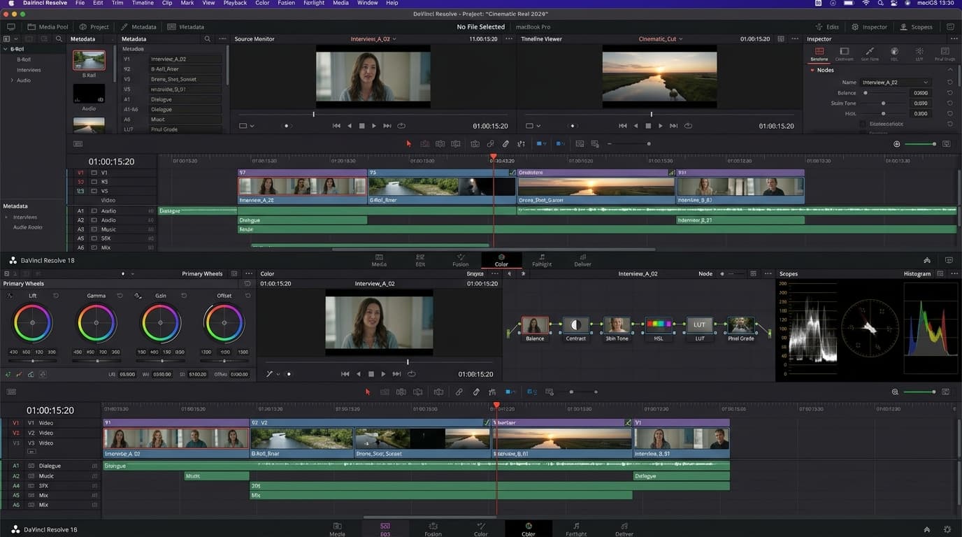 DaVinci Resolve interface with color grading wheels and timeline